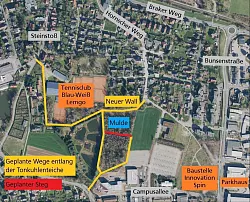 Der Steg (rot) wird wohl gekippt. Fragt sich noch, ob die übrigen Wege (gelb) ertüchtigt werden.  - © NRW-Geobasisdaten, Till Brand