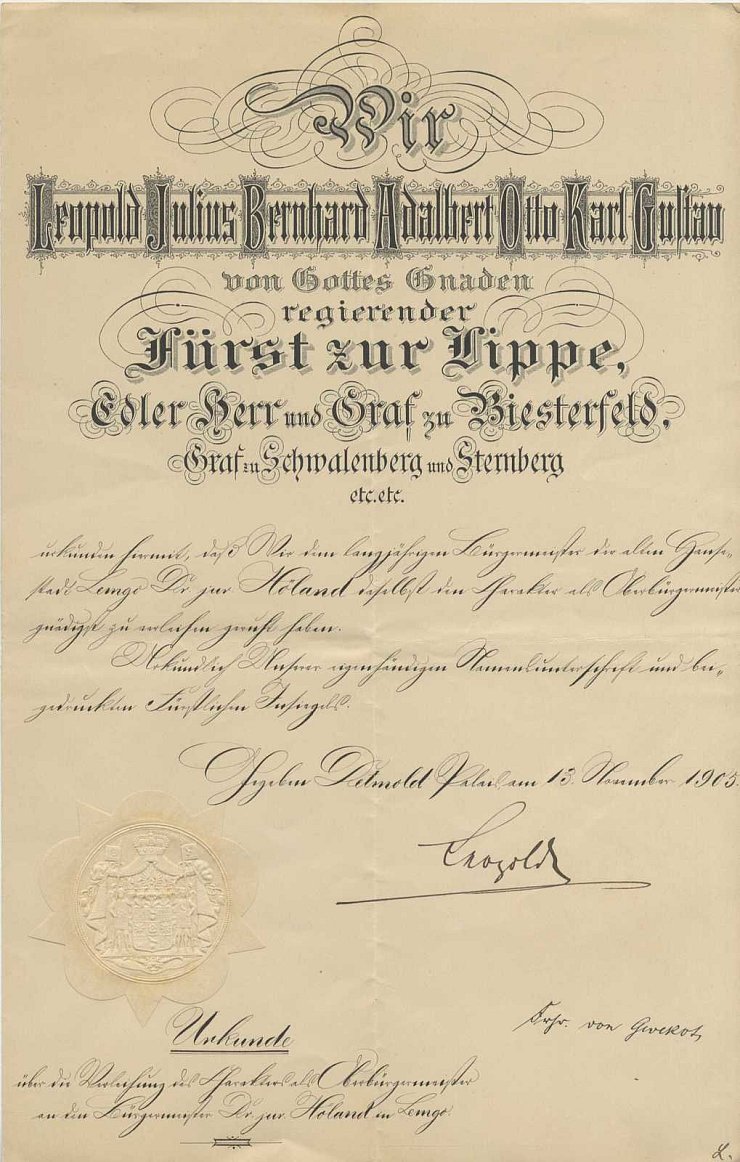 Verleihungsurkunde Oberbürgermeister, 1905 (Stadtarchiv Lemgo NL 46) - © Stadtarchiv Lemgo