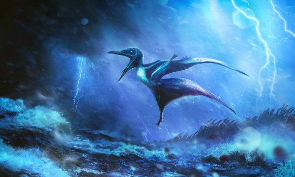 Starke Windböe brechen die zarten Knochen: Künstlerische Darstellung eines kleinen Pterodactylus-Babys in einem Tropengewitter. - © Rudolf Hima/EurekAlert/dpa