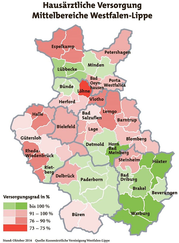 Hausärztliche Versorgung: Mittelbereiche in Westfalen-Lippe - © Quelle: Kassenärztliche Vereinigung Westfalen-Lippe