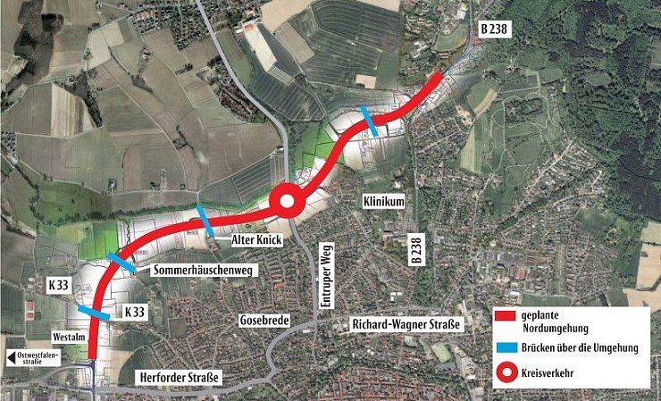 Dieser Trassenverlauf für die neue Umgehungsstraße schwebt dem Landesstraßenbaubetrieb ungefähr vor. Im ersten Quartal 2020 sollen die konkreten und detaillierten Pläne vorliegen. - © Thomas Reineke