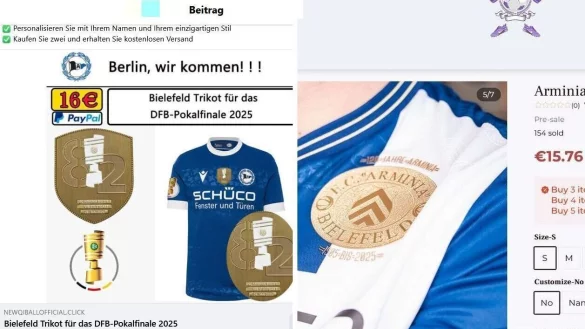 Das DFB-Pokal-Sondertrikot und das Trikot zum Jubiläum von Arminia Bielefeld haben es auf die Seiten dubioser thailändischer Online-Shops geschafft. - © Screenshots: Facebook