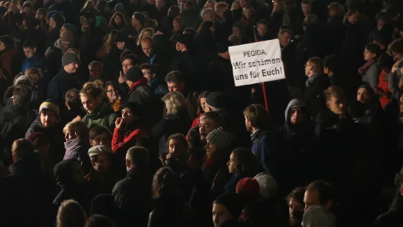 Demonstranten tragen am 19.10.in Dresden ein Plakat mit der Aufschrift "Pegida, Wir sch&auml;men uns f&uuml;r Euch". - &copy; dpa