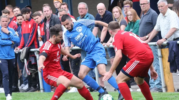 Lemgos Selim Blagajcevic (Mitte) muss sich gegen die SG-Spieler Alessandro Schiena (links) und Daniel Rauchschwalbe behaupten. - © Paul Cohen
