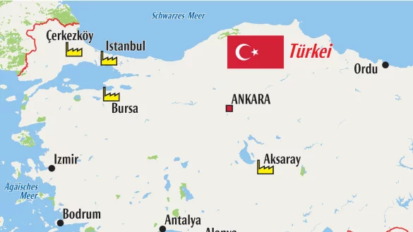 Unter anderem in den gelb markierten St&auml;dten haben lippische Unternehmen Produktionsst&auml;tten oder Vertriebsgesellschaften. In Istanbul sind unter anderem Schomburg, Weidm&uuml;ller und Phoenix Contact vertreten. Mit Bursa organisiert der Deutsch-T&uuml;rkische Freundeskreis in Lemgo seit 15 Jahren einen Sch&uuml;leraustausch. In Bursa hat zudem der Nutzfahrzeugsitz-Hersteller  Isringhausen (Lemgo) ein Werk, der auch in Aksaray vertreten ist. - &copy; Oliver Wendtland