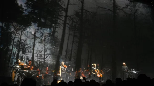 &bdquo;Vivaldianno Reloaded", ein Musikprojekt des tschechischen Komponisten Michal Dvor&aacute;k, ist in der Phoenix-Arena zu sehen. Vor den Musikern h&auml;ngt ein angestrahlter Vorhang. - &copy; Nicole Ellerbrake