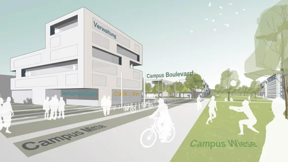 Blick von der neuen Bunsenstraße aus: Auf der Fläche der geschlossenen Kleingartenkolonie würde die neue Campus-Mitte liegen – von dort würde der Boulevard bis zur Hochschulmensa führen. Im Rücken des Betrachters lägen das neue Parkhaus und die Berufskollegs. - © Torsten Becker