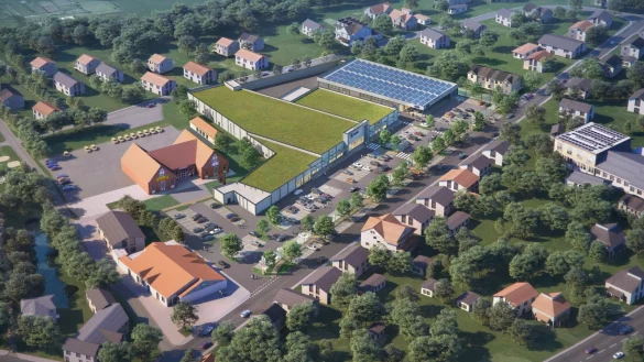 So soll das Fachmarktzentrum aussehen. Im Vordergrund diagonal durchs Bild verl&auml;uft die Kampstra&szlig;e mit dem Tedi unten links und der ehemaligen Post (jetzt Torten-Konditorei) dar&uuml;ber. Links liegt die Altstadt. Im Hintergrund ist die Wiesenstra&szlig;e zu sehen.&nbsp; - &copy; halsdorfer + ingenieure projekt gmbh