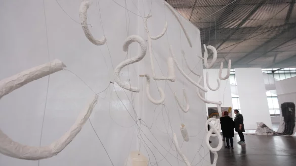 Christa Fuhrmann l&auml;sst an Gitarrensaiten befestigte, aus Papierfasern hergestellte R&ouml;hren und Gef&auml;&szlig;e im
Raum schweben. - &copy; Sven Koch