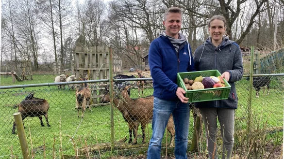 Die Biolandwirte Maik und Claudia Hanhart pr&auml;sentieren ihre neue Biokiste mit Produkten aus eigenem Anbau aber auch von Kollegen. - &copy; Markus Voss
