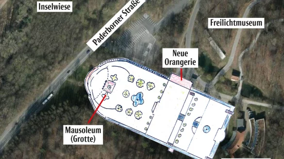 Die Gartenanlage Friedrichstal zog sich einst vom Krummen Haus (Orangerie) über mehrere Terassen herunter ins Tal der Berlebecke - dort, wo heute die Paderborner Straße verläuft. - © Grafik: LZ-Archiv