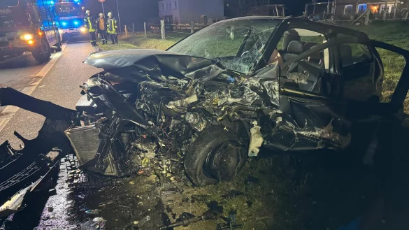 Das Auto ist völlig zerstört auf dem Grünstreifen zum Stehen gekommen. - © Feuerwehr Extertal
