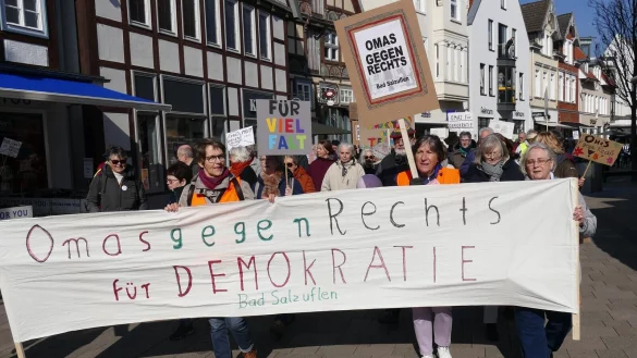 Rund 180 Teilnehmerinnen und Teilnehmer sind dem Aufruf der "Omas gegen Rechts" in Bad Salzuflen gefolgt und nehmen am Marsch durch die Innenstadt teil. - &copy; Omas gegen Rechts Bad Salzuflen
