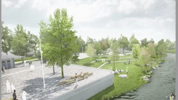 So soll nach dem Entwurf eines Berliner Planungsb&uuml;ros die k&uuml;nftige "Platzterrasse" an der Bega aussehen. - &copy; GM013 Landschaftsarchitektur