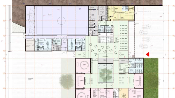 Der Vorentwurf zeigt das Erdgeschoss der k&uuml;nftigen Grundschule Bad Meinberg. Gelb ist die K&uuml;che markiert, grau die Technik, hellblau Sanit&auml;r- und Umkleidebereiche, gr&uuml;n die Aula und Mensa, sowie die Flure, rosa die Klassenr&auml;ume, braun ein Besprechungsraum und violett die Turnhalle. - &copy; Plan: Terbrack Architekten