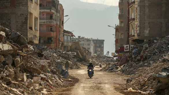 Ein Mann fährt auf einem Motorrad an den Trümmern zerstörter Gebäude. Nach dem verheerenden Erdbeben am 06. Februar erschüttern weitere Nachbeben die Region. - © picture alliance/dpa/AP