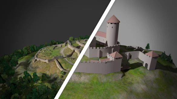 Ein Blick in die interaktive 360-Grad-Tour &uuml;ber die Falkenburg, die der LWL gemeinsam mit der Firma "Polyvista" aufgesetzt hat. In den Ansichten "Damals" und "Heute" ist der aktuelle Zustand der Burgruine sowie eine schematische Darstellung der Burg im 14./15. Jahrhundert gegen&uuml;bergestellt. - &copy; Polyvista