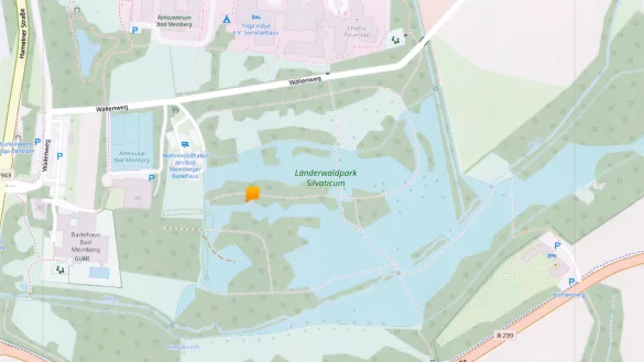 An der gelb markierten Stelle im L&auml;nderwaldpark Silvaticum befindet sich die l&auml;ngst wieder zugesch&uuml;ttete Sole-Bohrungsstelle - sie ist nicht mehr zu sehen. - &copy; OpenStreetMap