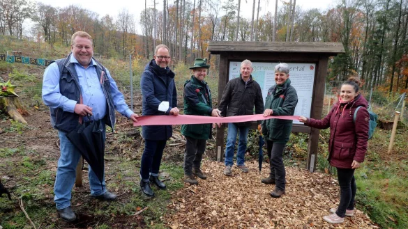 Abbildung: Schnitten gemeinsam das Band zur Einweihung des B&uuml;rgerwaldes in Extertal-B&ouml;singfeld durch (v.l.): Manfred Stoller (damaliger Vorsitzender des Umwelt-, Energie- und Betriebsausschuss der Gemeinde), J&ouml;rg D&uuml;ning-Gast (Verbandsvorsteher), Thomas Fritzemeier (Revierf&ouml;rster), Frank Meier (B&uuml;rgermeister Extertal), Susanne Hoffmann (Stellv. Leitung Forstabteilung) und Julia Stein (Gesch&auml;ftsf&uuml;hrerin Marketing Extertal e.V.). - &copy; Marketing Extertal