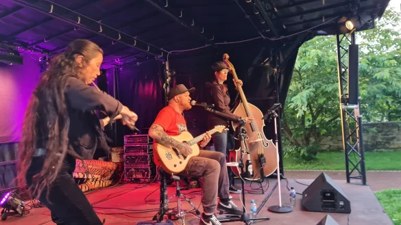 Als echte Stimmungsmacher entpuppten sich drei der Hoochigans im Schweigegarten: Nehir Keskin mit ihrer Violine und Sandra Sora mit dem Kontrabass flankierten sehr gekonnt Leads&auml;nger Steven Screamz mit seiner Gitarre. - &copy; Marianne Schwarzer