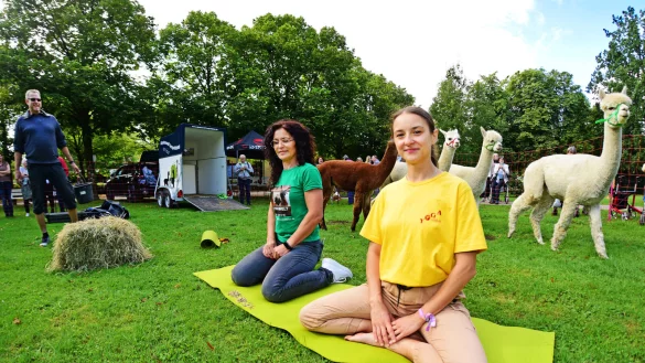 Iwona Festing (links) und Justyna Jankowska machen beim Alpaka-Yoga mit. - &copy; Nicole Ellerbrake