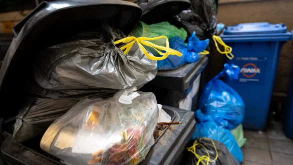 &Uuml;bervolle M&uuml;lltonnen stehen in einem Hinterhof. - &copy; Sven Hoppe/dpa