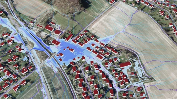 Der "Digitale Zwilling", die Starkregen-Simulation des Kreises Lippe zeigt relativ gut, wie das Regenwasser am 1. August in Leopoldstal tats&auml;chlich geflossen ist. Gut l&auml;sst sich die Senke im Feld erkennen, in der es sich sammelt und von dort die Wohnstra&szlig;en (Ahorn-, Birkenweg und Rothensieker Weg) &uuml;berschwemmt. - &copy; Grafik: Kreis Lippe