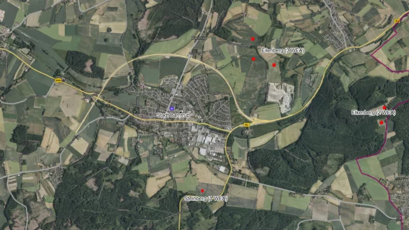 Die Stadtwerke Lemgo wollen auf Barntruper Gebiet neben den drei Windr&auml;dern auf dem Eilenberg und zwei Anlagen am Elkenberg und eine am Steinberg errichten. - &copy; Stadtwerke Lemgo, Kartengrundlage: www.tim-online.nrw.de/tim-online2