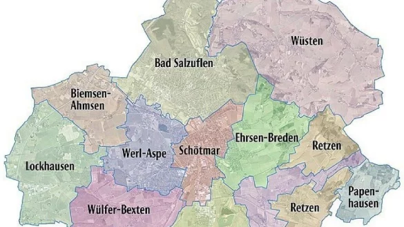 Diese Grafik zeigt Lage und Gr&ouml;&szlig;e der zw&ouml;lf Bad Salzufler Ortsteile. Nicht jeder hat allerdings einen &bdquo;eigenen&ldquo; Ortsausschuss. - &copy; LZ-Archiv