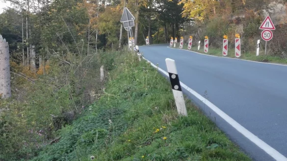 Gefahr im Gegenverkehr: eine ungesicherte B&ouml;schung mit einer Fahrbahnverengung durch Sicherheitsbaken treibt so manchem Autofahrer an der Sternberger Stra&szlig;e den Angstschwei&szlig; auf die Stirn. - &copy; Sylvia Frevert