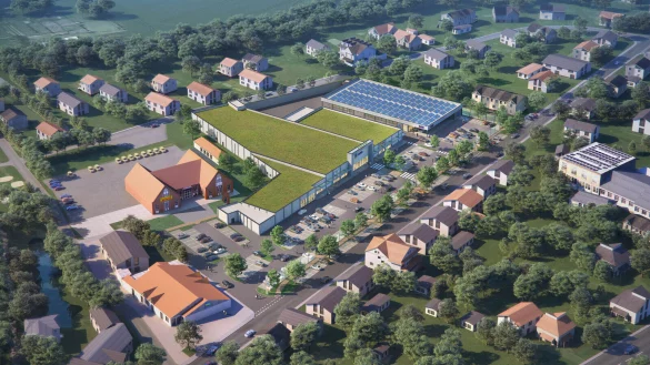 So s&auml;he das Fachmarktzentrum Kampstra&szlig;e aus der Vogelperspektive aus, das zwischen dem Tedi-Markt und der Wiesenstra&szlig;e realisiert werden soll. - &copy; Stadt Horn-Bad Meinberg / Halsdorfer Ingenieure