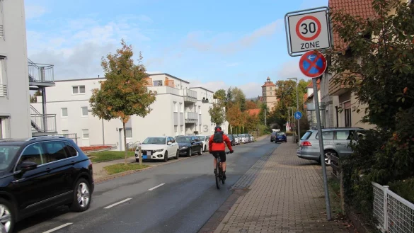 An der schmalen Schlo&szlig;stra&szlig;e gilt in Fahrtrichtung Braker Schloss auf einem langen St&uuml;ck ein Halteverbot. Das blaue Fahrzeug steht also falsch. - &copy; Nadine Uphoff