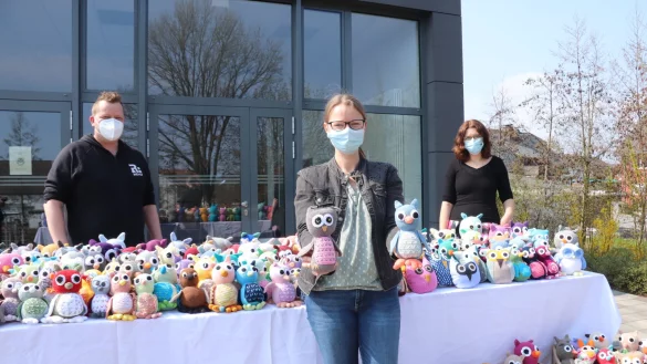 Daniël Quade (v. l.), Sabrina Karlem und Quartiersmanagerin Anna-Lena Bargfrede zeigen die Demenzeulen, die (nicht nur) Leopoldshöher in den vergangenen Monaten für einen guten Zweck gestaltet haben. - © Birgit Guhlke