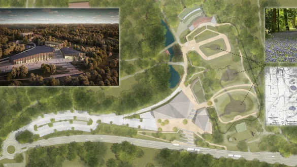 Die Visualisierung zeigt das oberirdisch dreiteilige Eingangs- und Ausstellungsgeb&auml;ude des Freilichtmuseums. Im Bereich unterhalb des Krummen Hauses ist die sp&auml;tere Parkgestaltung visualisiert, die sich an der historischen Skizze orientiert. - &copy; LWL/Studio gr&uuml;ngrau (Plan) und AVP Group (Geb&auml;ude)