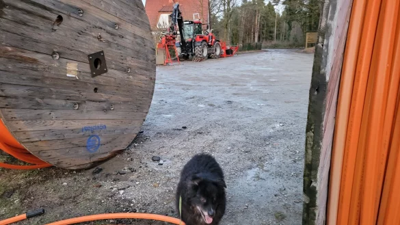 Neben den riesigen Kabeltrommeln wirkt &bdquo;Sam" ganz klein. In H&ouml;rste lagert das Material, das sich die Bautrupps nach und nach abholen, auf einem Parkplatz.&nbsp; - &copy; Astrid Sewing