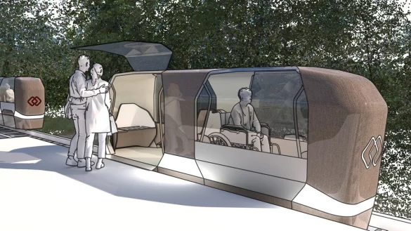 Das Design Team Monocab, Prof. Ulrich Nether, Prof. Hans Sachs, Carolina Meirelles und Maximilian M&uuml;h, haben diese Ansicht der Bahn entworfen. - &copy; TH OWL 2021