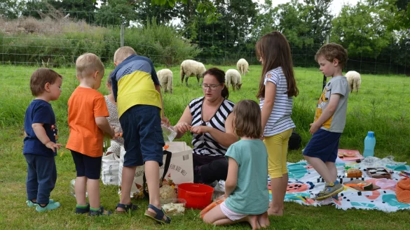 Die Kinder d&uuml;rfen Marlen Tilleke beim Zubereiten des Futters f&uuml;r die Schafe helfen. - &copy; Karin Prignitz