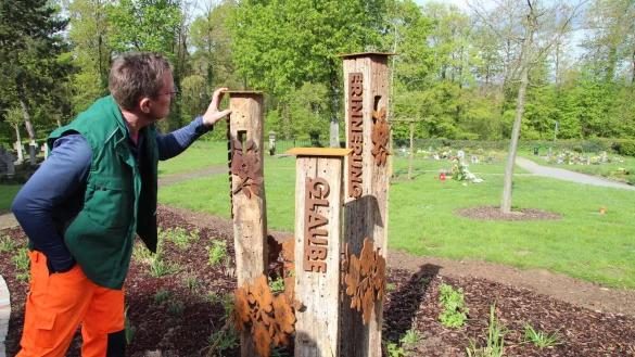 Andreas Depping vom Bauhof der Gemeinde D&ouml;rentrup schaut, ob die L&ouml;cher im Holz der Gedenkstelen der neuen Gemeinschaftsgrabanlage auf dem Friedhof in Bega von den Wildbienen angenommen werden. - &copy; Nadine Uphoff
