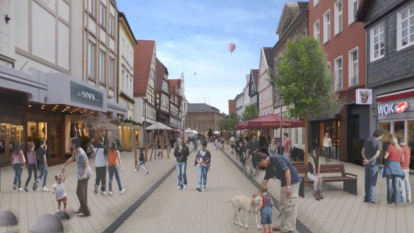 So soll die Lange Stra&szlig;e aussehen, wenn im Herbst 2024 der Bauabschnitt I fertig ist. - &copy; Kortemeier Brokmann Landschaftsarchitekten