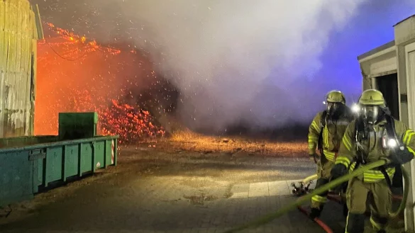 Die haushohe Hackschnitzel-Heizungsanlage auf dem Gelände der Gärtnerei steht in der Nacht zu Mittwoch im Vollbrand. Die Feuerwehr braucht Stunden, um die Flammen zu löaschen. - © Feuerwehr Lage