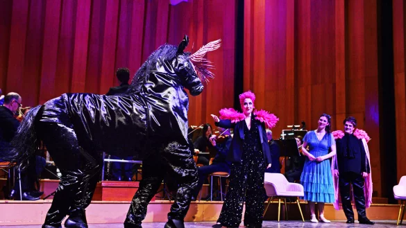 Tierischer Besuch auf der B&uuml;hne: Das Lippische Landestheater f&uuml;hrte das St&uuml;ck Das Feuerwerk aus dem Jahr 1950 in der Salzufler Konzerthalle auf. - &copy; Nicole Ellerbrake