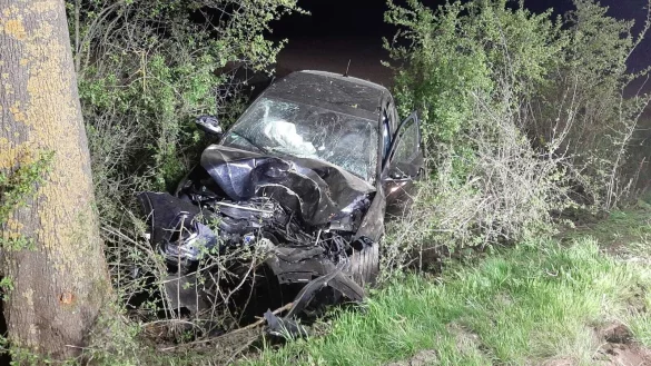 Das Fahrzeug prallte auf der B 241 bei Warburg mit gro&szlig;er Wucht gegen einen Baum. - &copy; Dieter Scholz