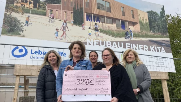 Nicoline Kossinna (von links) und D&ouml;rte Pieper vom Lions-Club Detmold-Cherusker &uuml;bergeben ihre Spende an Barbara Milde, Stephanie Kleine und Daniela Kleinpenning von der Lebenshilfe Detmold. - &copy; Cordula Gr&ouml;ne