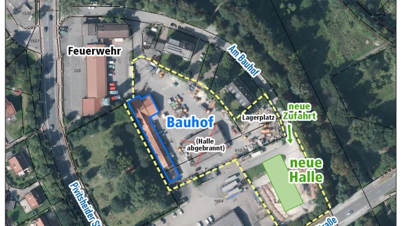 Die neue Halle f&uuml;r den Bauhof ist fertig. Die Zufahrt erfolgt &uuml;ber die Stra&szlig;e Am Bauhof. - &copy; Land NRW (2019) / Grafik: Oliver Wendtland