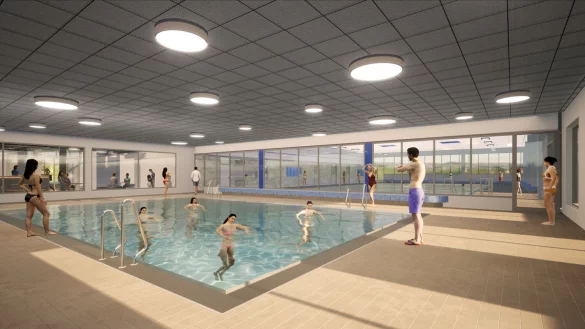 Simulation einer Badesituation im neuen Sennebad H&ouml;velhof. Hier soll KI Schwimmer vor dem Etrinken bewahren. - &copy; Krieger Architekten