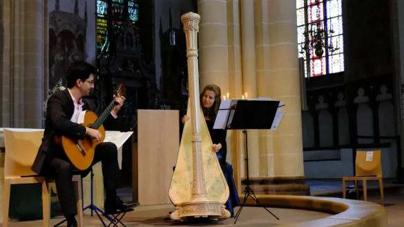 Maria-Theresa Freibott an der Harfe und Gitarrist Andr&eacute;s Madariaga pr&auml;sentierten vor gut 50 Zuh&ouml;rern ihr Programm &bdquo;&iexcl;Viva la danza!". - &copy; Friedrich Wilhelm R&ouml;dding