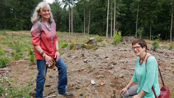 Bronzezeit. Marion Behrend steht am H&uuml;gelgrab in L&uuml;denhausen und zeigt Wilma Gl&auml;sker Grabbeigaben, die am Boden liegen. - &copy; Thomas Kr&uuml;gler