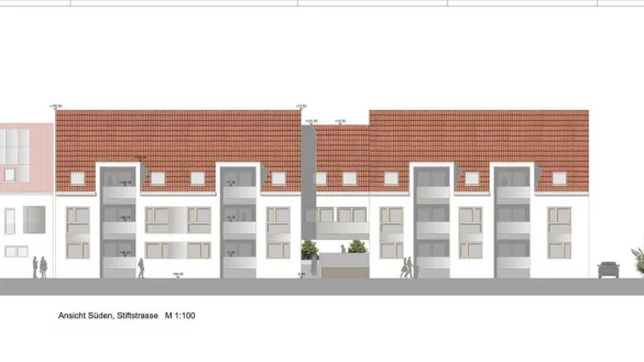 So k&ouml;nnte das Mehrfamilienhaus an der Stiftstra&szlig;e aussehen. Im hinteren Areal an der Mohlenstra&szlig;e sind acht Reihenh&auml;user geplant. - &copy; Wesertal Bautr&auml;ger GmbH/Architekturb&uuml;ro Drees