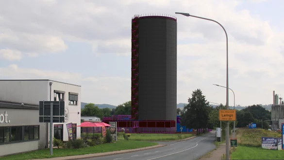 So wird der W&auml;rmespeicher der Stadtwerke Lemgo von der Herforder Stra&szlig;e aus mit Blick in Richtung Isringhausen-Ring aussehen. - &copy; Plangis