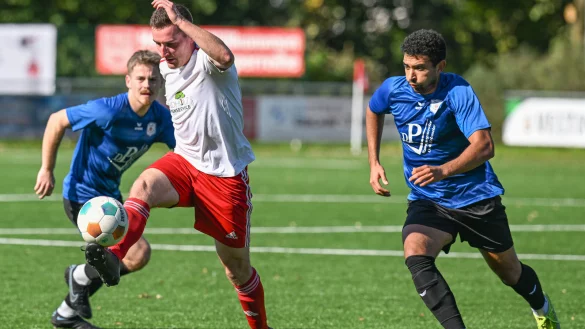 Kampf im Zentrum: Der Lipperreiher Jerome Pl&ouml;ger (wei&szlig;) setzt sich in dieser Szene gegen den Braker Adil Houry (blau) durch. - &copy; EGON PENNER
